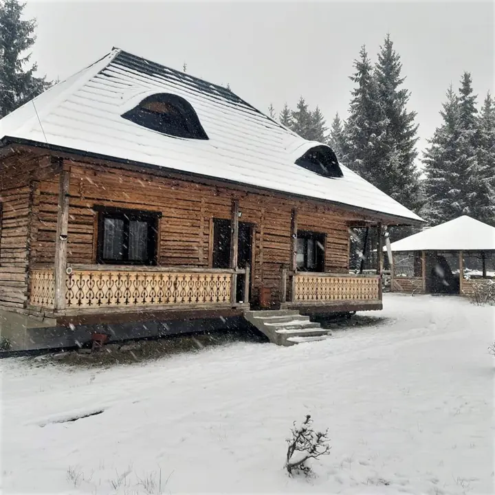 Cabana și foișorul iarna, cu brazi înzăpeziți