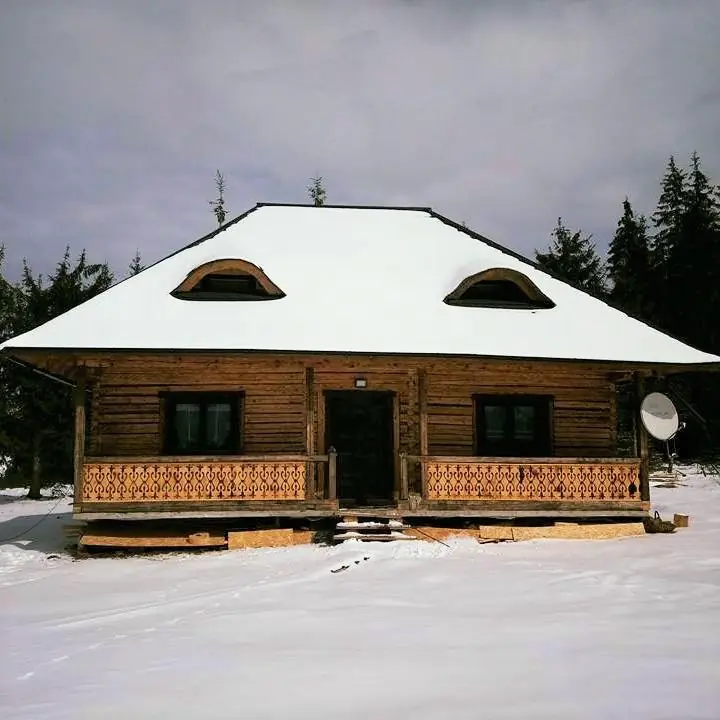 Fațada cabanei iarna